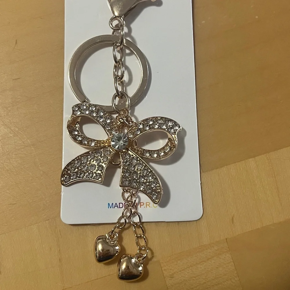 Gold Bow Keychain with Heart Charms